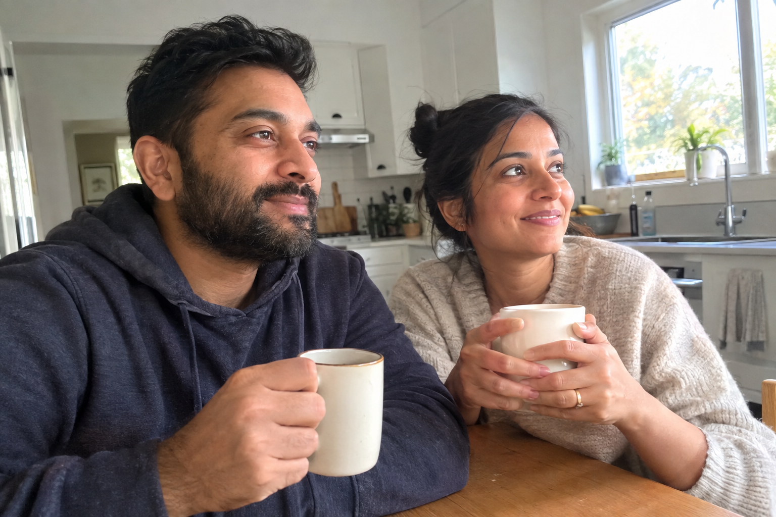 A relaxed couple at the kitchen table, no longer stressed by bills