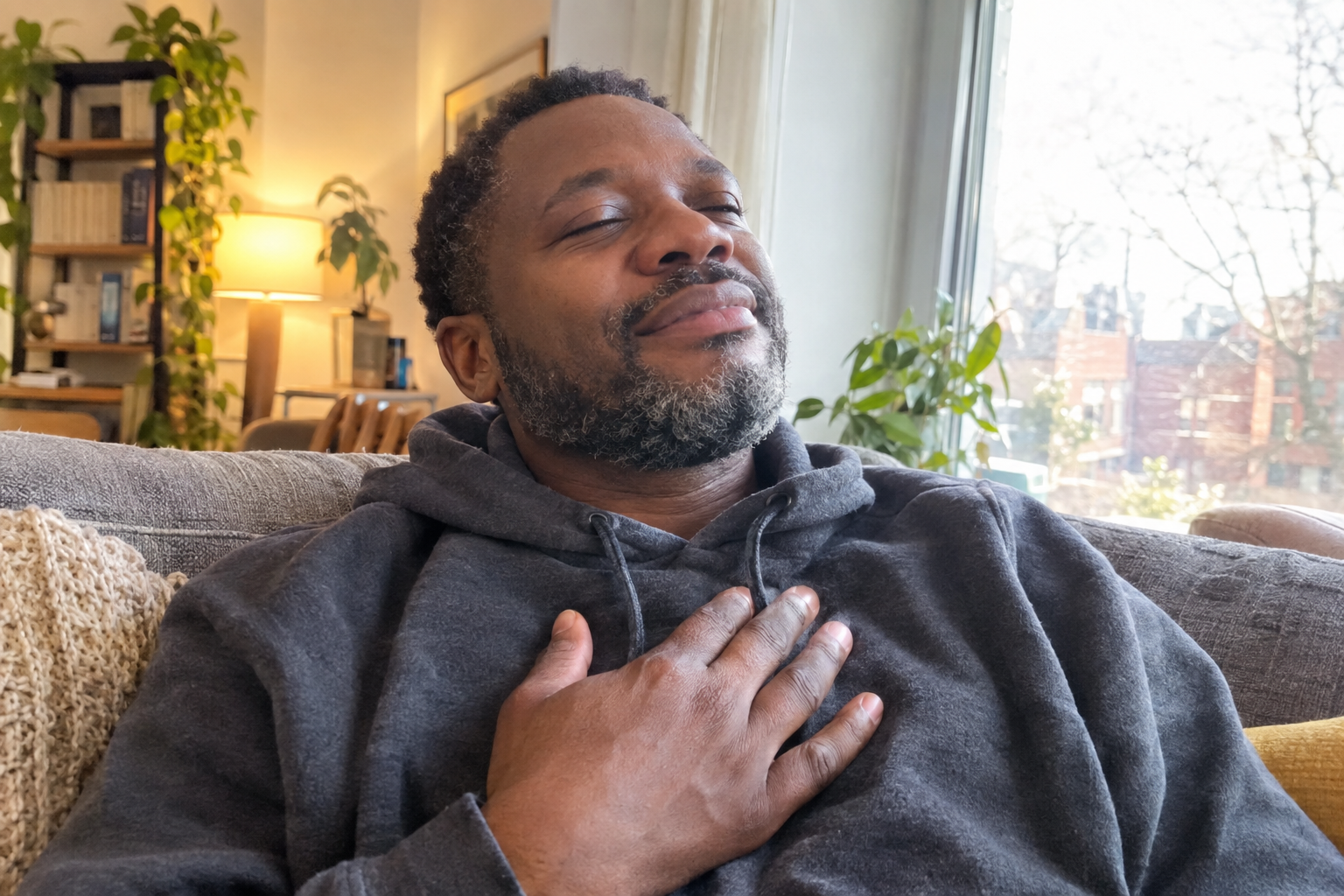 A person feeling relieved, a weight off their shoulders