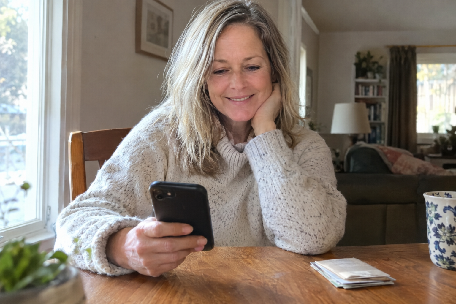 A person breathing easy, smiling gently while looking at their phone, a fresh start
